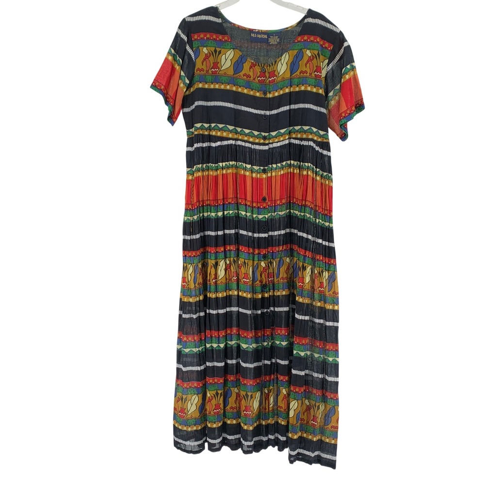 Ms. Moda Women Cotton Ethnic Print Button Front Maxi Dress Boho Tie Back Medium